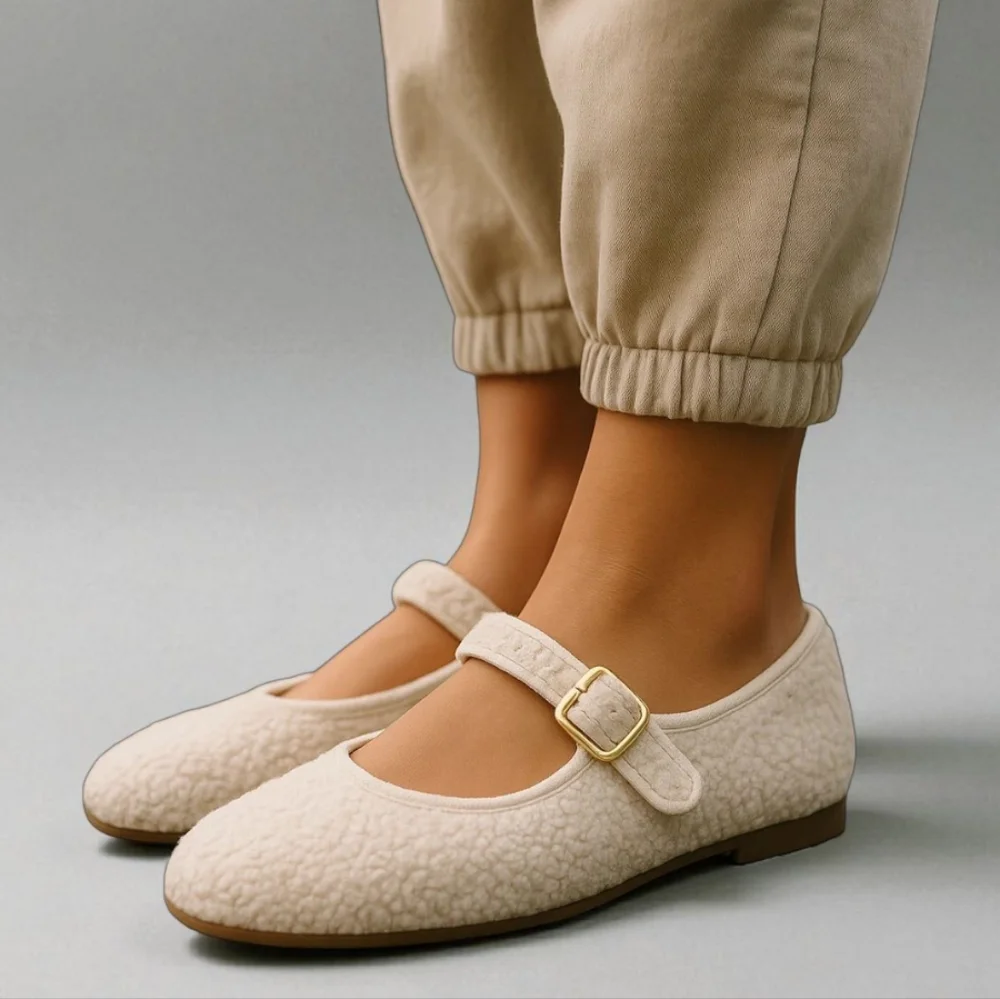 New Universal Thread Fuzzy Mary Jane Flats In Ivory Size 9.5